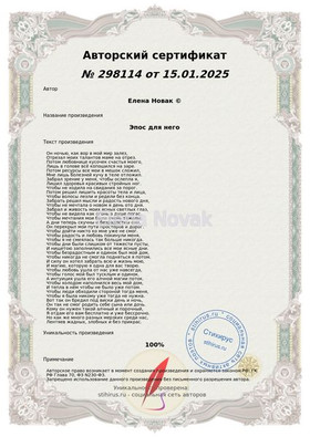 Эпос для него Елена Новак Сертификат Стихирь 16.01.2025г.